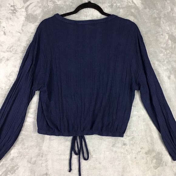 White Willow Women’s Navy Ribbed Long Sleeve Cropped Top Drawstring Hem Sz M - Picture 13 of 13